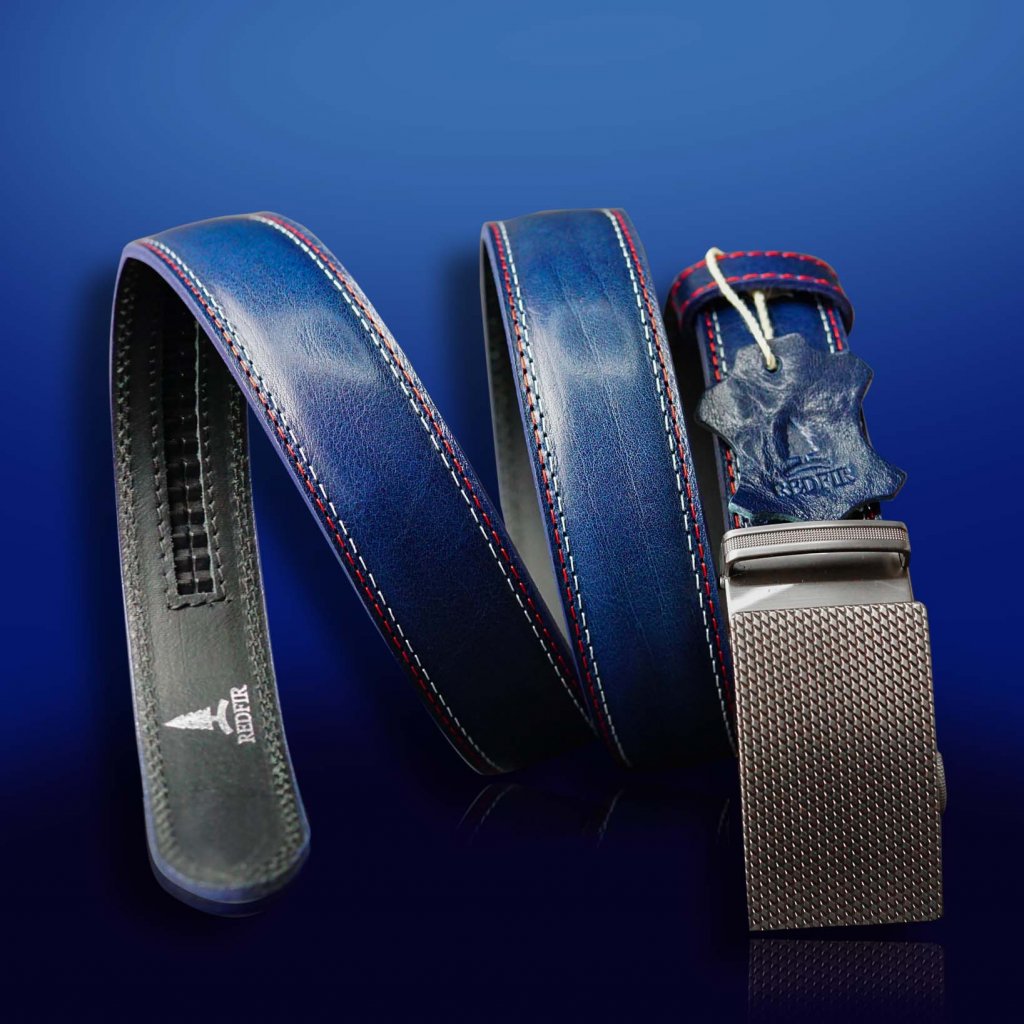 Unique men's blue leather belt with Silver stripes buckle