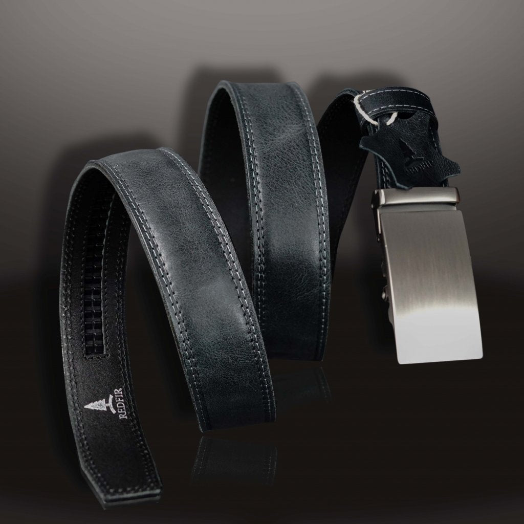 Storm dark gray men's leather belt with Brushed silver buckle 